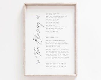 The Blessing Worship Lyrics Wall Art | Numbers 6:24-26 | Christian Home Decor | Minimalist Botanical Line Art | Black and White Handwritten