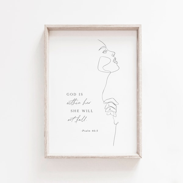 Psaume 46:5 | Christian Boho Wall Art pour son | Affiche minimaliste moderne imprimable | | d’art au trait de femme Estampes de versets bibliques | Noir et blanc