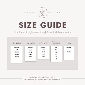 May include: A size guide for digital downloads of printable art. The guide shows different aspect ratios and corresponding sizes in inches, including 2:3, 3:4, 4:5, and 11x14. It also lists international paper sizes like ISO, A2, A3, A4, and A5.