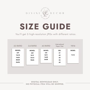 May include: A size guide for digital prints, showing different aspect ratios and corresponding inch measurements. The guide includes 2:3, 3:4, 4:5 ratios, and international paper sizes like A1, A2, A3, A4, and A5. The text reads "You'll get 5 high-resolution JPGs with different ratios:  Digital Download Only. No Physical Item Will Be Shipped."