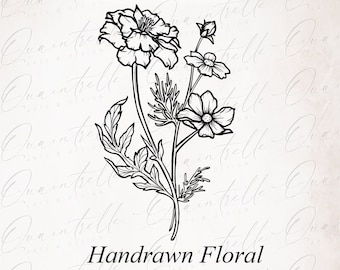 October Birth Flower Clipart | Hand Drawn Marigold & Cosmos (Digital Download)