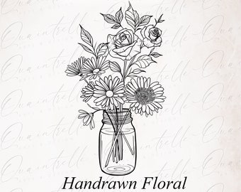 Tournesol et rose dans un vase Illustration | Fleurs dessinées à la main dans un vase | Dessin au trait vase fleur minimaliste | Composition florale SVG, PNG, PDF