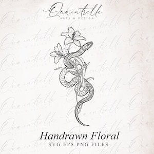 Puede incluir: Una ilustración en blanco y negro de una serpiente enroscada alrededor de una flor de lirio. La imagen está etiquetada como "Handrawn Floral SVG.EPS.PNG FILES".