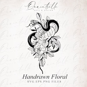 May include: Black and white line art illustration of a snake wrapped around a bouquet of flowers. The image is labelled "Handrawn Floral SVG.EPS.PNG FILES".