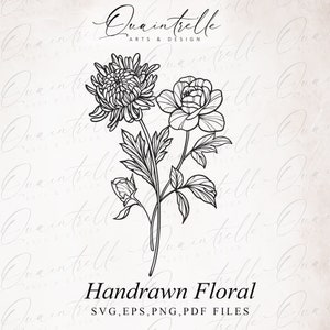 November Birth Flower Design | Chrysanthemum Illustration | Peony Art SVG | Birth Month Floral Clipart | Hand Drawn Birth Flower Arrangement