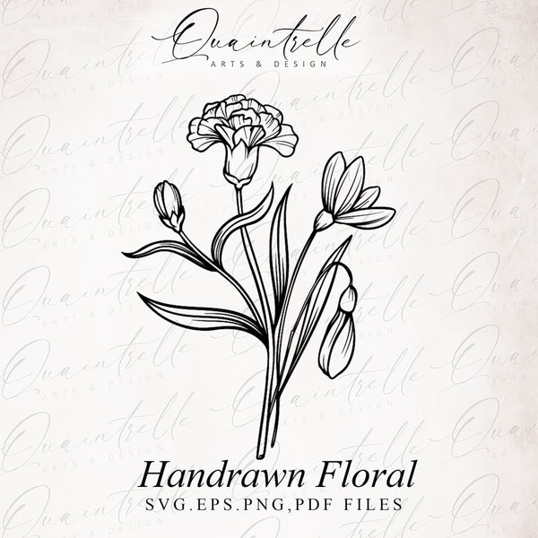Birth Flowers | January Birth Month Flowers | Botanical Vector Art | High Quality Flowers | Line Art | Carnation Flower | Snowdrop | Clipart