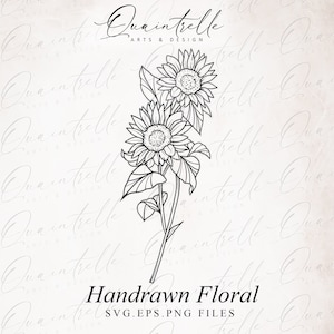 Tournesol dessiné à la main dessin au trait, Illustrations florales, SVG tournesol dessin au trait, Silhouette Clipart, PNG fond Transparent utilisation commerciale