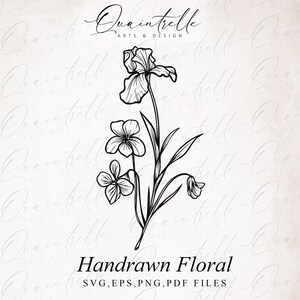 Pode incluir: Ilustração de linha preta e branca de um buquê de flores com um lírio e flores menores. O texto "Quaintrele Arts & Design" e "Handrawn Floral SVG, EPS, PNG, PDF FILES" está abaixo do buquê.