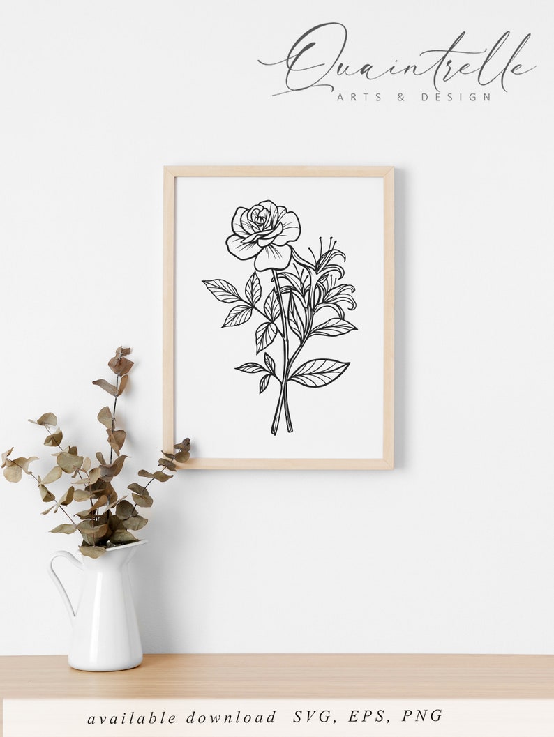 Birth Flower Illustration | Hand Drawn Floral Rose | Honeysuckle Line ...