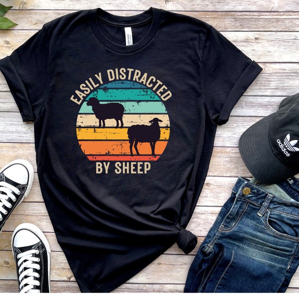 Easily Distracted by Sheep, Gift for Sheep Lover, Farming Shirt, Funny Farmer Shirt, Retro Vintage Sheep Te, Farm Animal Shirt Birthday Gift