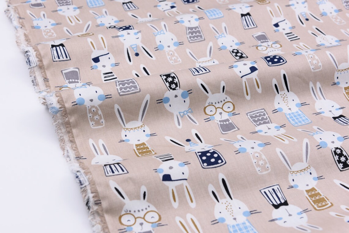 Easter Cotton Fabric by the Yard Dense Bunnies on Beige Easter Etsy