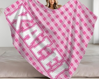 Personalized Pink Palaka Plaid Minky Sherpa Blanket, Tropical Throw, Varsity Name