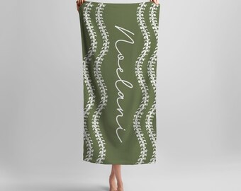 Hawaiian Puakenikeni Personalized Olive Beach Towel, Custom Floral Hawaiian Print, Soft Beach Towel, Gift for Kids, Teens, Adults, Wedding