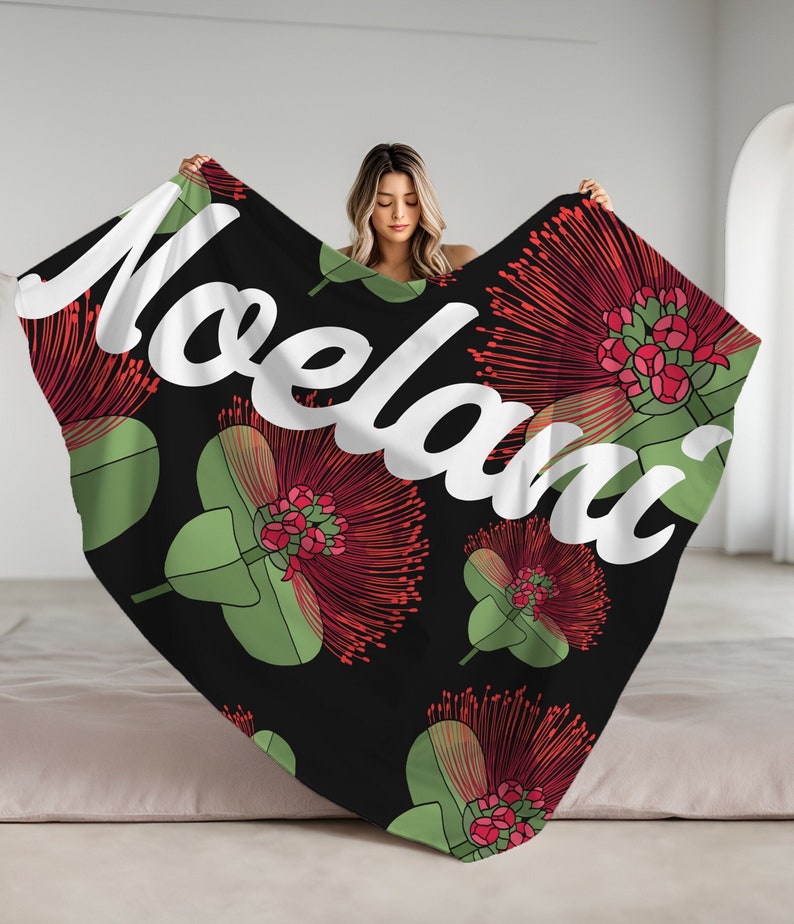Hawaiian Ohia Lehua Flower Personalized Minky Blanket, Tropical