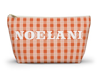 Hawaiian Orange Palaka Makeup Pouch, Custom Hawaii Plaid Beauty Organizer Clutch Lipstick Bag, Bridesmaid Gift Toiletry, Hula, Pencil Case