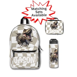 Sac à dos personnalisé pour ordinateur portable T-Rex dinosaure, sac à lunch assorti, bouteille d'eau assortie avec paille, ensemble pour la rentrée scolaire, cadeau personnalisé pour garçon