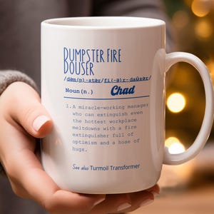Funny Dumpster Fire Photo Mug with Funny Definition, Dumpster Fire Douser Mug for Boss, Personalized Manager Mug, Funny Coworker Gift