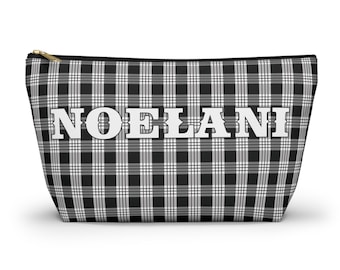 Hawaiian Black Palaka Makeup Pouch, Custom Hawaii Plaid Beauty Organizer Clutch Lipstick Bag, Bridesmaid Gift Toiletry, Hula, Pencil Case