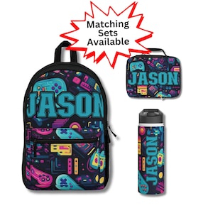 Sac à dos personnalisé pour ordinateur portable pour les amateurs de jeux, sac à lunch assorti, bouteille d'eau assortie avec paille, ensemble pour la rentrée scolaire, cadeau personnalisé pour fille ou garçon
