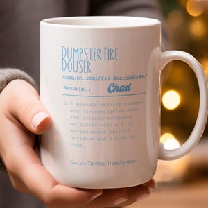 Funny Dumpster Fire Photo Mug with Funny Definition, Dumpster Fire Douser Mug for Boss, Personalized Manager Mug, Funny Coworker Gift