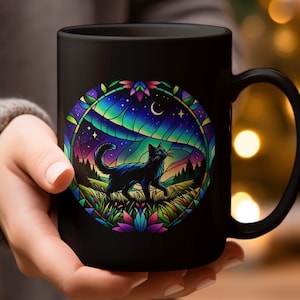 Cat Lover Mug, Mystical Cat Mug, Stained Glass Celestial Night Sky, Fantasy Cat Coffee Cup, Cat Animal Lover Gift