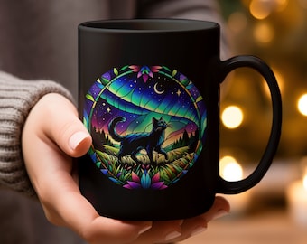 Cat Lover Mug, Mystical Cat Mug, Stained Glass Celestial Night Sky, Fantasy Cat Coffee Cup, Cat Animal Lover Gift