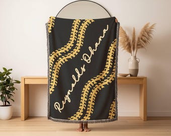 Personalized Hawaiian Puakenikeni Lei Woven Throw, Anniversary Gift, Couples Last Name, Wedding, Tropical Blanket, Hawaii Floral Botanical