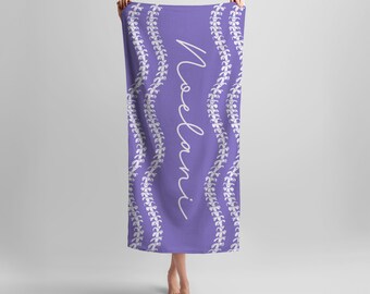 Hawaiian Puakenikeni Personalized Purple Beach Towel, Custom Floral Hawaiian Print, Soft Beach Towel, Gift for Kids, Teens, Adults, Wedding