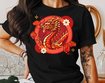 Asian Dragon Graphic Tee, Traditional Chinese Dragon Circle Design, Cultural Red Gold T-Shirt, Unisex Asian Mythology Apparel