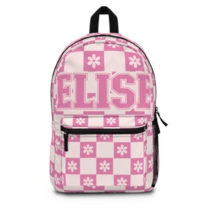 Sac à dos pour ordinateur portable personnalisé à damier, cartable, cartable à dos floral rose rétro pour ordinateur portable, idéal pour la rentrée des classes, cadeau pour fille