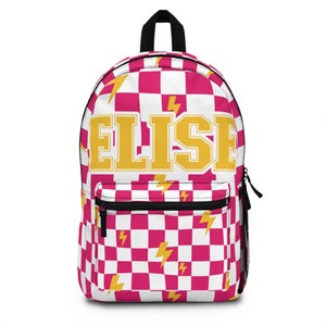 Sac à dos pour ordinateur portable personnalisé avec prénom éclair, cartable, cartable, sac à dos à dos en damier rétro, rentrée scolaire, cadeau fille ou garçon