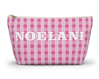 Hawaiian Pink Palaka Makeup Pouch, Custom Hawaii Plaid Beauty Organizer Clutch Lipstick Bag, Bridesmaid Gift Toiletry, Hula, Pencil Case
