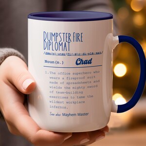 Funny Dumpster Fire Photo Mug with Funny Definition, Dumpster Fire Diplomat Mug for Boss, Personalized Manager Mug, Funny Coworker Gift