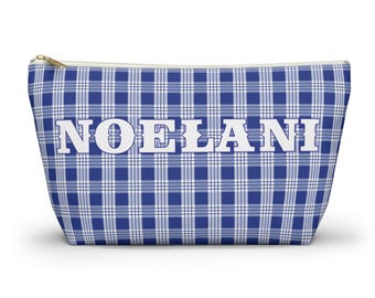 Hawaiian Blue Palaka Makeup Pouch, Custom Hawaii Plaid Beauty Organizer Clutch Lipstick Bag, Bridesmaid Gift Toiletry, Hula, Pencil Case