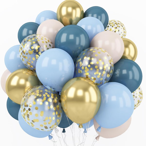 Dusty Blue Balloons Set, 12 Inches Metallic Chrome Gold Macaron Blue Ocean Blue White Sand Confetti by Taver