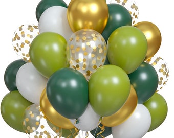 White Gold Green Balloons, Gold Confetti 12 inch latex for Birthday Party