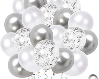 Silver Metallic & White Confetti Balloons 10/25/50/100 birthdays, parties by TAVER