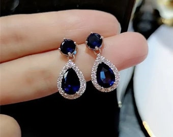 Luxe Argent Femmes Bijoux Pendentif Goutte Boucles D'oreilles Pendantes 925 Bleu Zircon Pierre Cadeau De Mariage