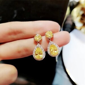 Luxury Silver Women Jewelry Pendant Drop Dangling Earrings 925 White Zircon Stone Gift Wedding Yellow