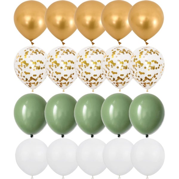 Ballons Taver or métallique, vert sauge et blancs Ballons confettis de 30 cm pour une fête