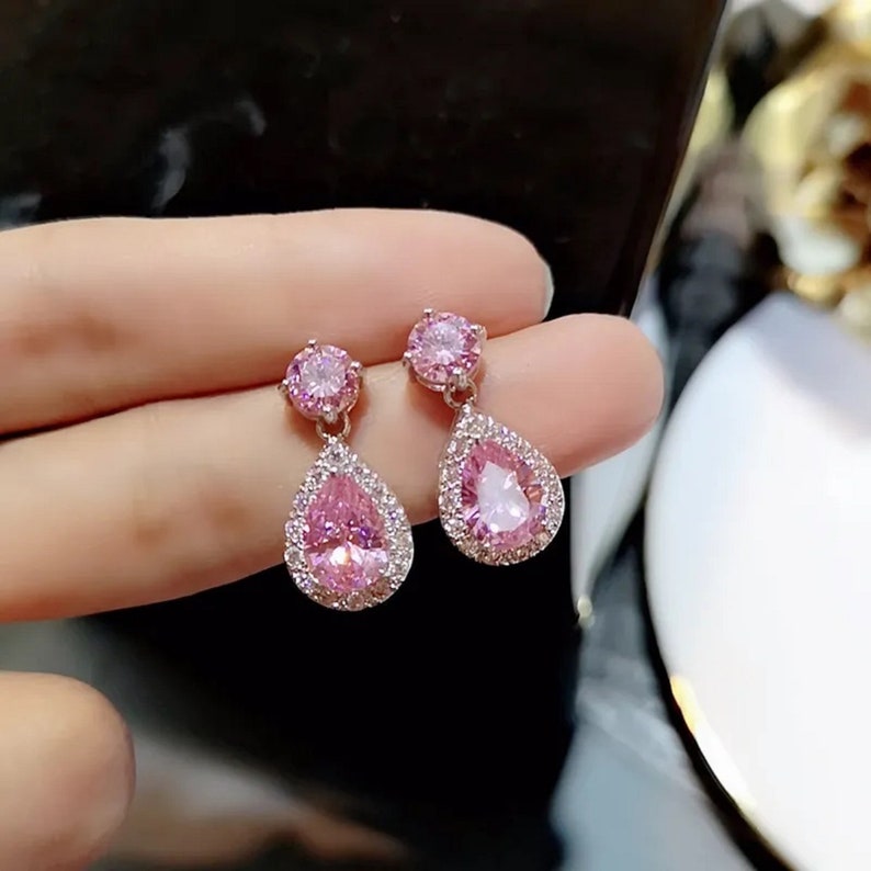 Luxury Silver Women Jewelry Pendant Drop Dangling Earrings 925 White Zircon Stone Gift Wedding Pink