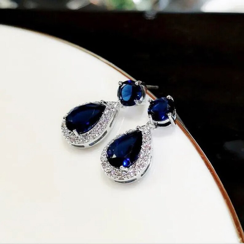 Luxury Silver Women Jewelry Pendant Drop Dangling Earrings 925 White Zircon Stone Gift Wedding Blue