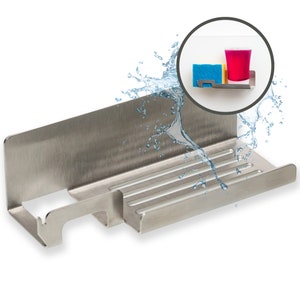 Spülbecken Organizer – Edelstahl Utensilienhalter Küche/ Spüle Organizer – Selbstklebend mit Spüllappen Halterung– Made in Germany
