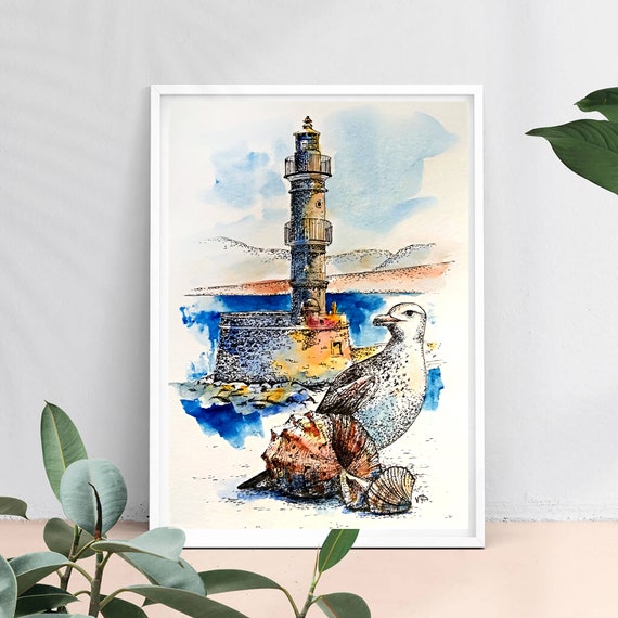 Lighthouse painting Original art Seagull watercolor Small artwork 7 by 5 by VerPaxArt