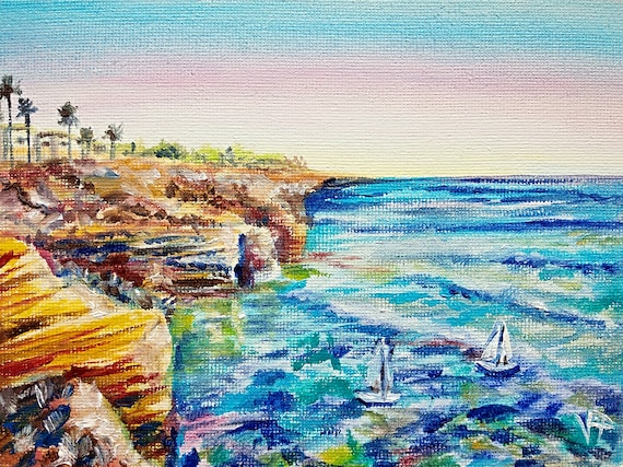 Sailboat Painting Seascape Original Art San Diego Wall Art Ocean Canvas Sea Sunset Small Artwork 7 By 5 By VerPaxArt