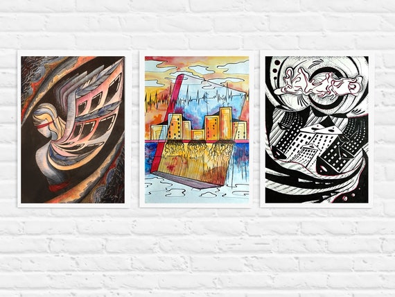 Set Of 3 Wall Art Abstract Painting Original Art Watercolor Surreal Cityscape By VerPaxArt