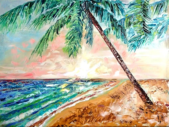 Hawaii Oil Painting Original Art Seascape Wall Art Nautical Impasto Tropical Beach Artwork Palm Tree Painting 12 By 16 By VerPaxArt
