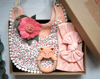 Caja de regalo para niña/Conjunto de babero y diadema reversibles/Conjunto de mordedor y diadema de silicona/Regalo orgánico para bebé/Regalo para baby shower/Conjunto de regalo para bebé