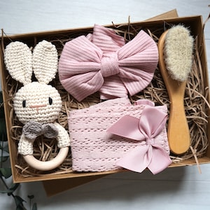 Baby Mädchen Geschenk/Häkelhase und Stirnband Set/Hohe Kniesocken mit Schleife und Stirnband Set/Baby Ostern Geschenkbox/Baby Mädchen Geschenkbox