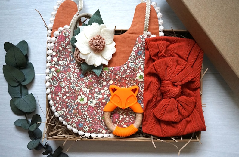 Baby Girl Gift Box/reversible Bib & Headband Set/silicone Etsy